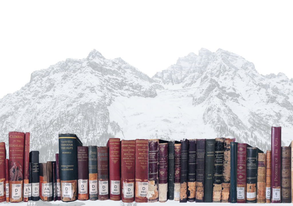 I libri preziosi custoditi dalla biblioteca CAI di Milano, con in fondo un profilo di montagna innovata.