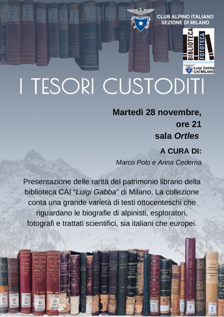 Locandina per la conferenza dedicata ai tesori custoditi nella biblioteca cai di milano Luigi Gabba.