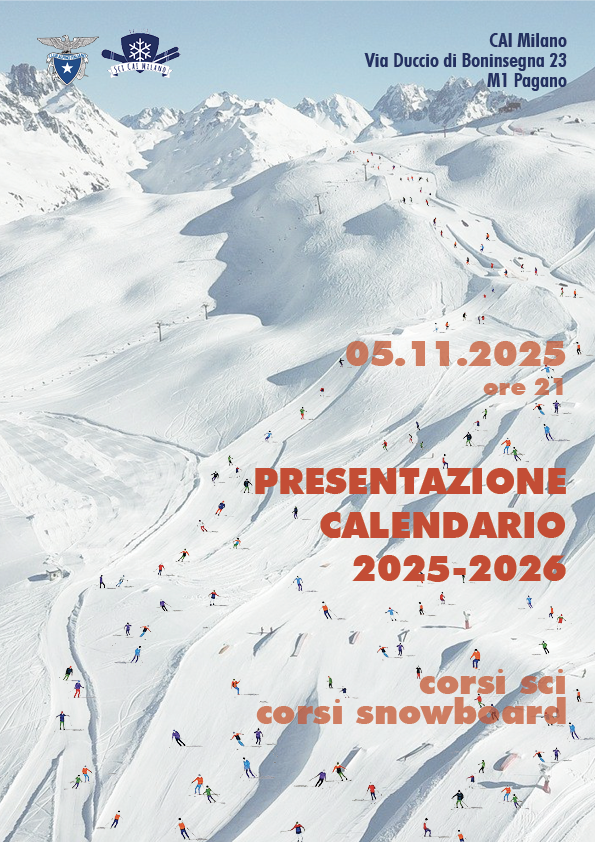 Locandina presentazione calendario 2025-2026 per i corsi di sci e snowboard.
