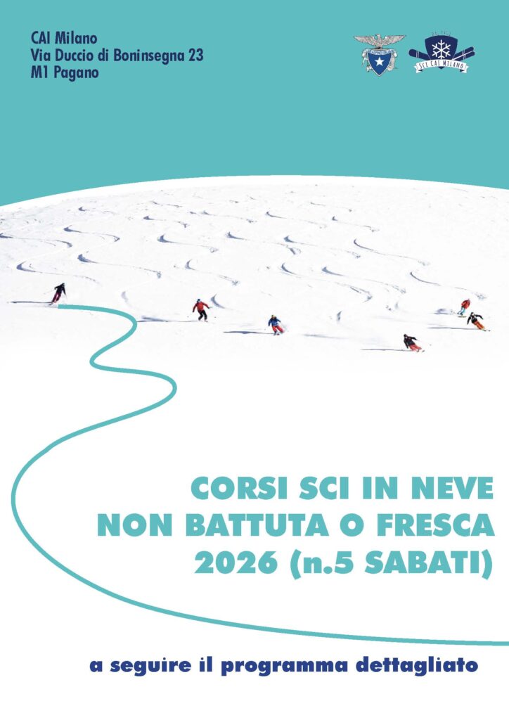 Locandina del corso di sci per esperti che vogliono imparare ad andare su neve non battuta o fresca (bordo pista), edizione 2026, sessione di 5 sabati.