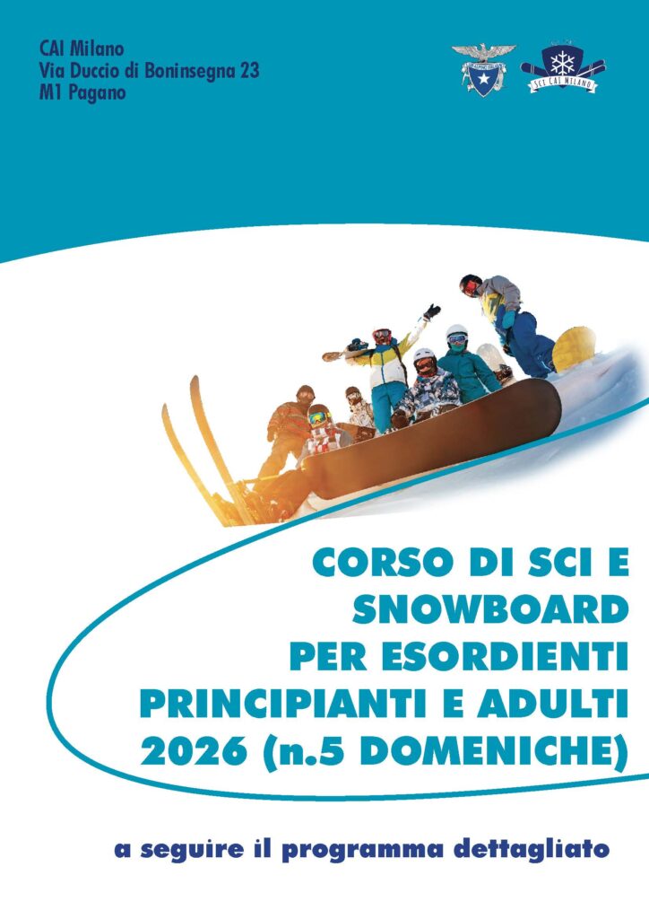 Locandina del corso di sci e snowboard per adulti esordienti e principianti, edizione 2026, sessione di 5 domeniche.
