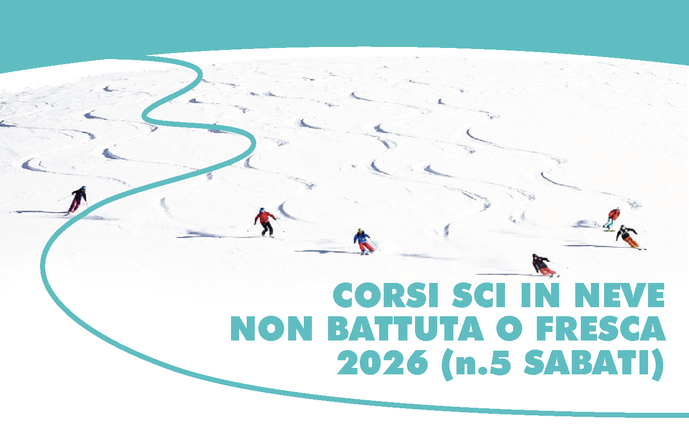 Locandina del corso di sci per esperti che vogliono imparare ad andare su neve non battuta o fresca (bordo pista), edizione 2026, sessione di 5 sabati.